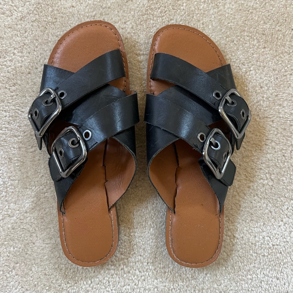 Franco Sarto Black and Tan Buckle Sandals